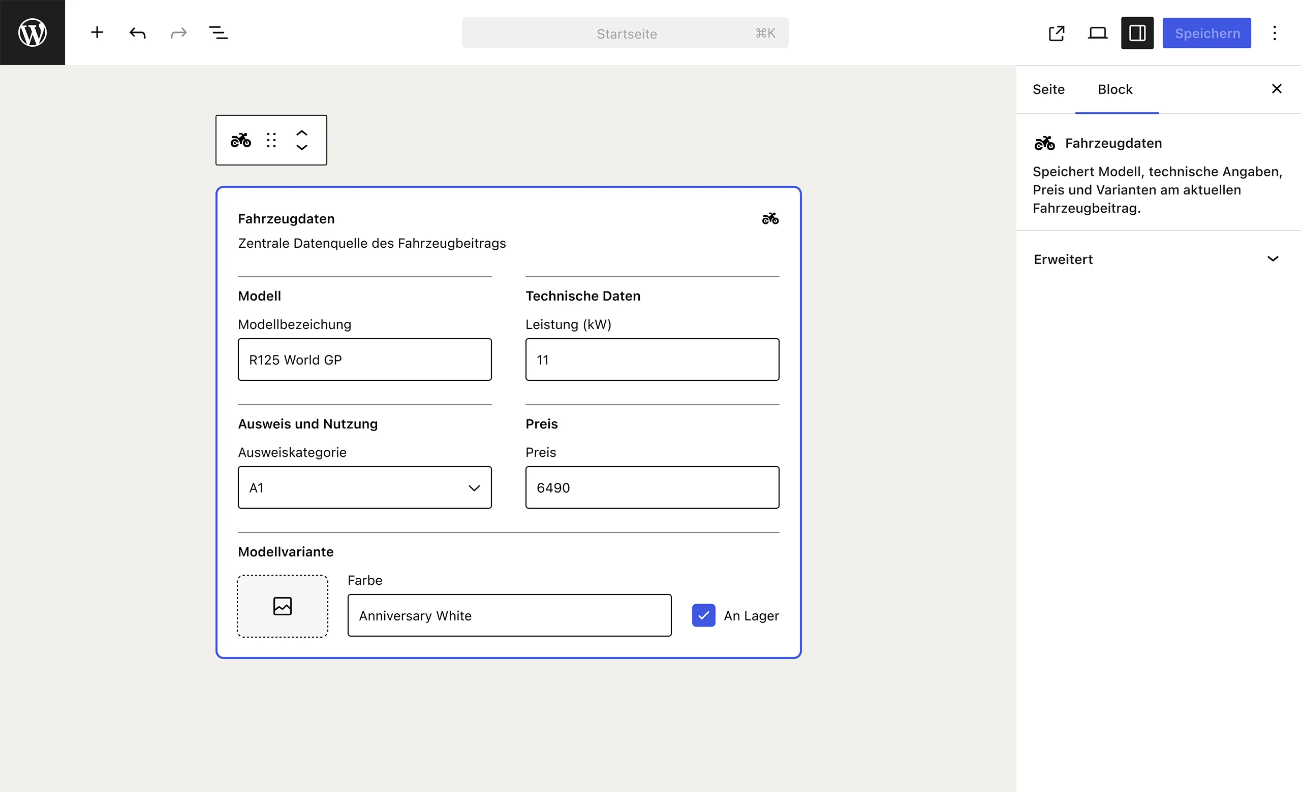 WordPress-Editor mit dem Block Fahrzeugdaten, der Modell, Leistung, Ausweiskategorie, Preis und Modellvariante am Fahrzeugbeitrag speichert.