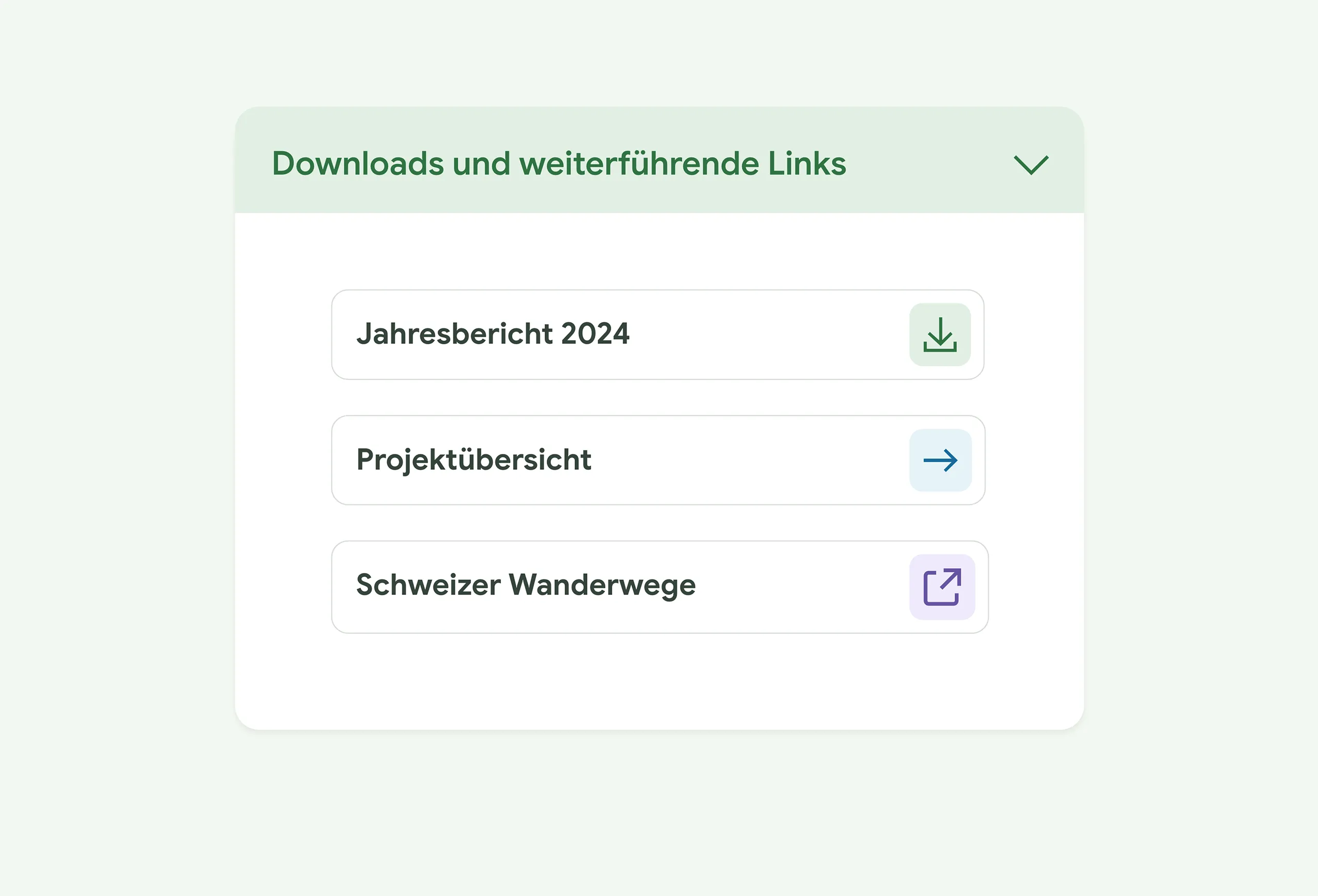 Geöffnete Linkliste im Frontend mit Einträgen für einen PDF-Download, eine interne Projektübersicht und einen externen Link mit passenden Icons.