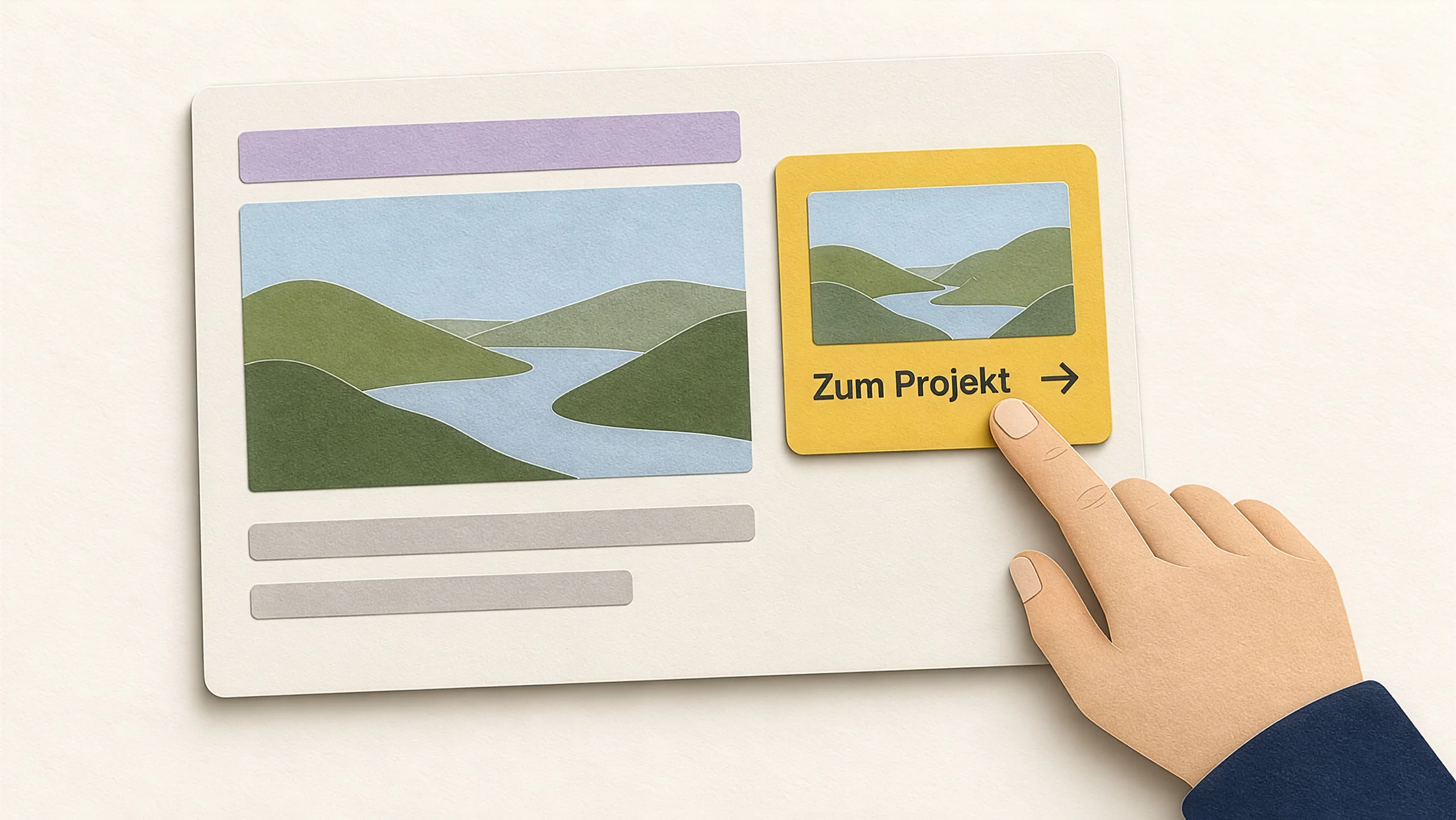 Eine Hand wählt im Magazinbeitrag den Link ‹Zum Projekt›.