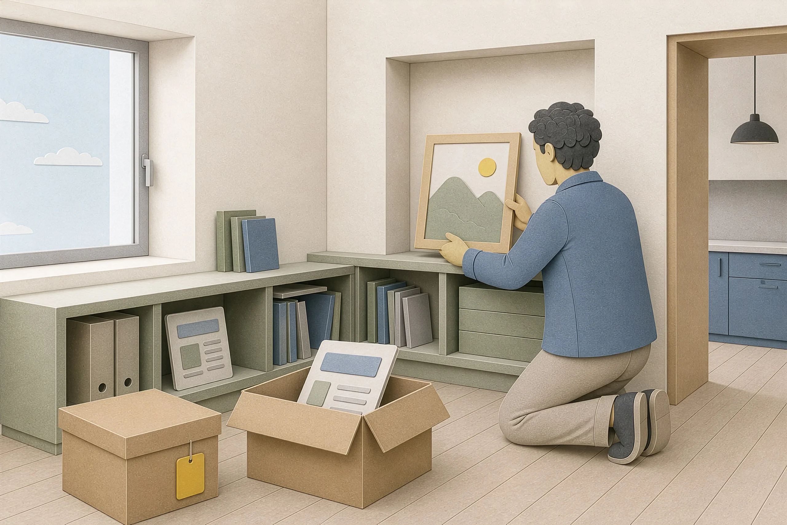 Eine Person ordnet übertragene Dokumente und Bilder in vorbereitete Bereiche des neuen Hauses ein und veranschaulicht ihre strukturierte Ausgabe in WordPress.