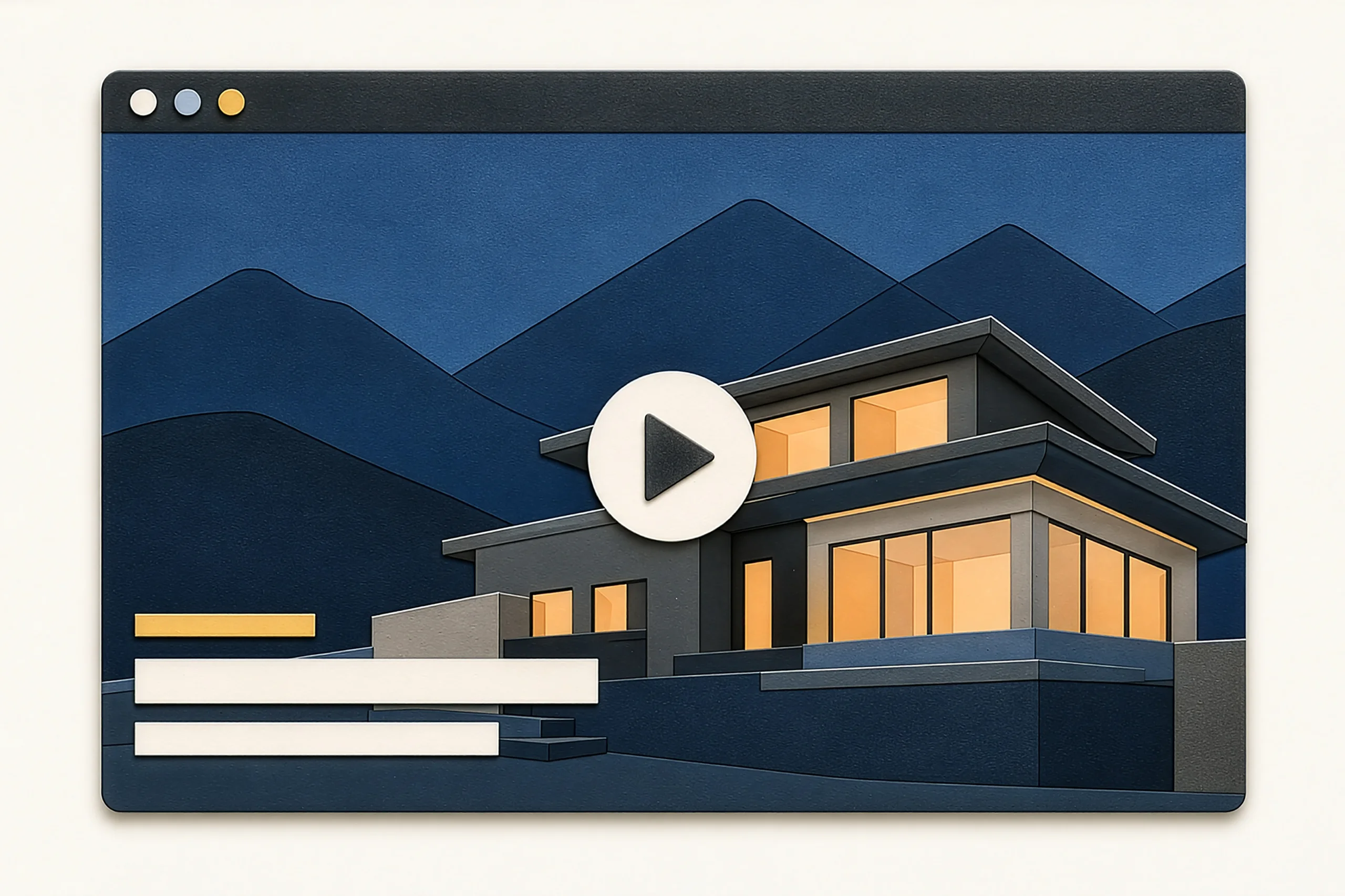Illustration eines WordPress-Blocks für Hero-Videos: Browserfenster mit Hausmotiv, Playbutton und Textstreifen.