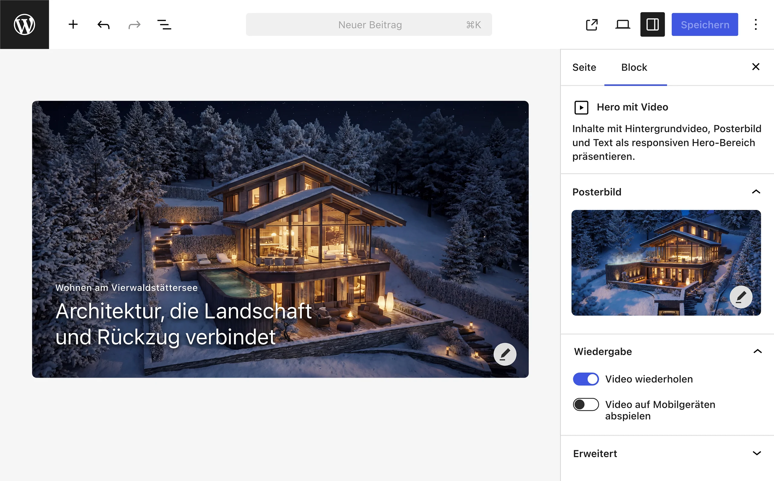 Gutenberg-Editor für einen Hero-Block, der Video, Posterbild, Texte und mobile Wiedergabe gemeinsam verwaltet.