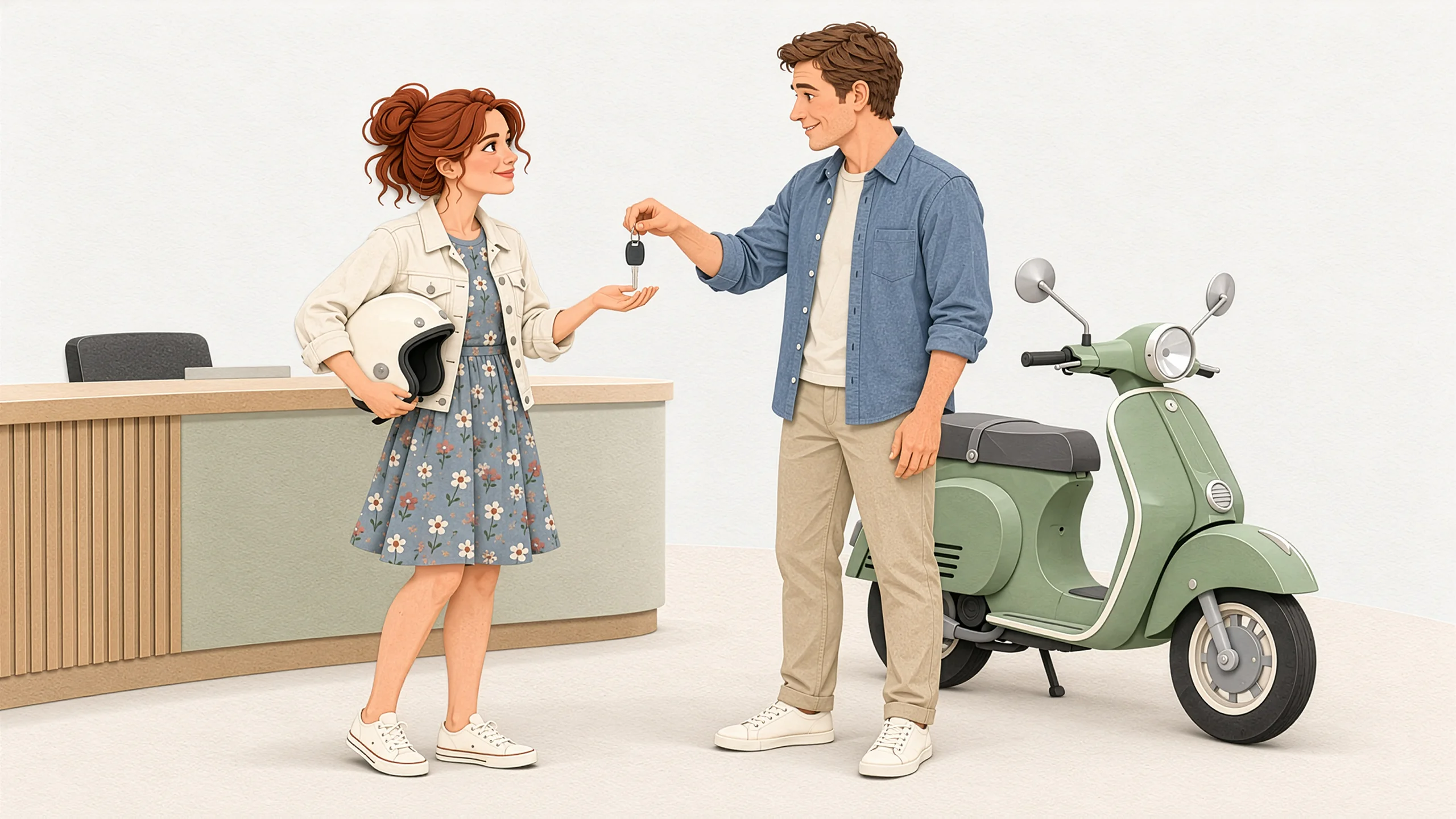 Ein Rollerhändler übergibt einer Kundin mit Helm den Schlüssel zur Probefahrt neben einer salbeigrünen Vespa.