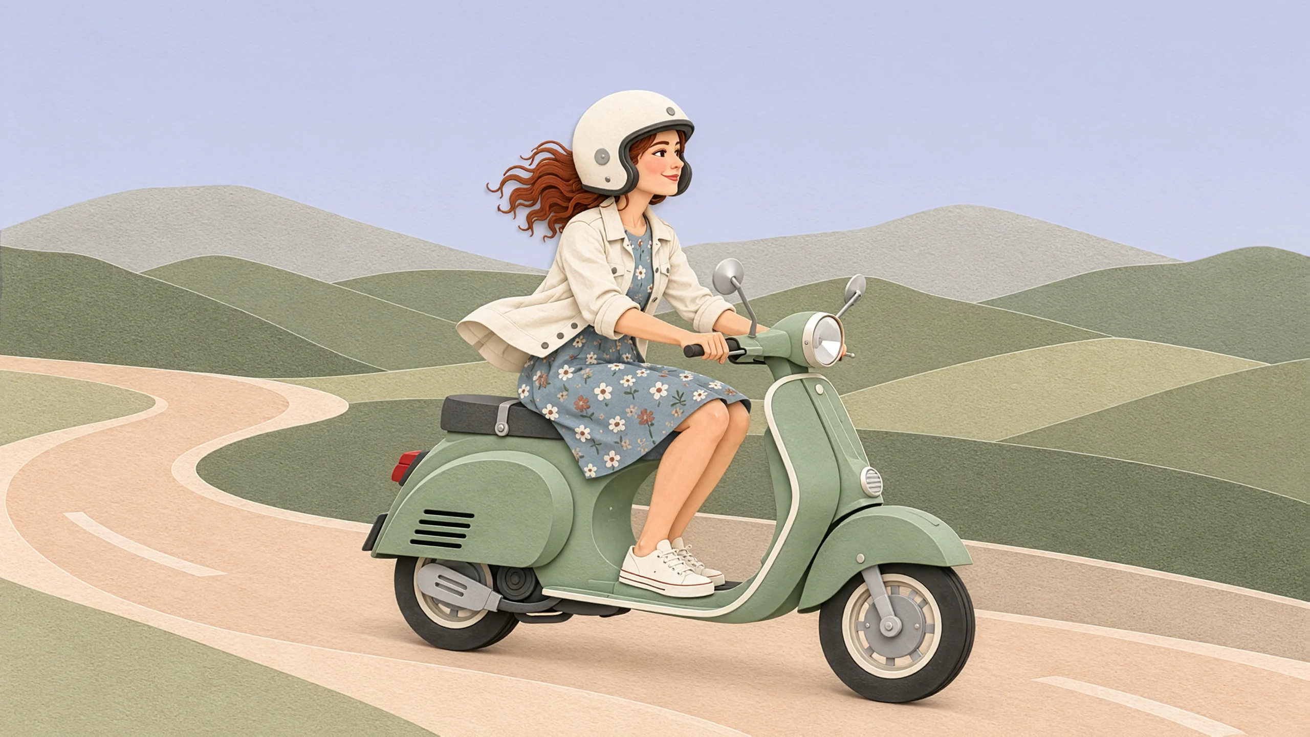 Eine Frau fährt auf einer salbeigrünen Vespa – die Probefahrt als Nutzerziel der Website.