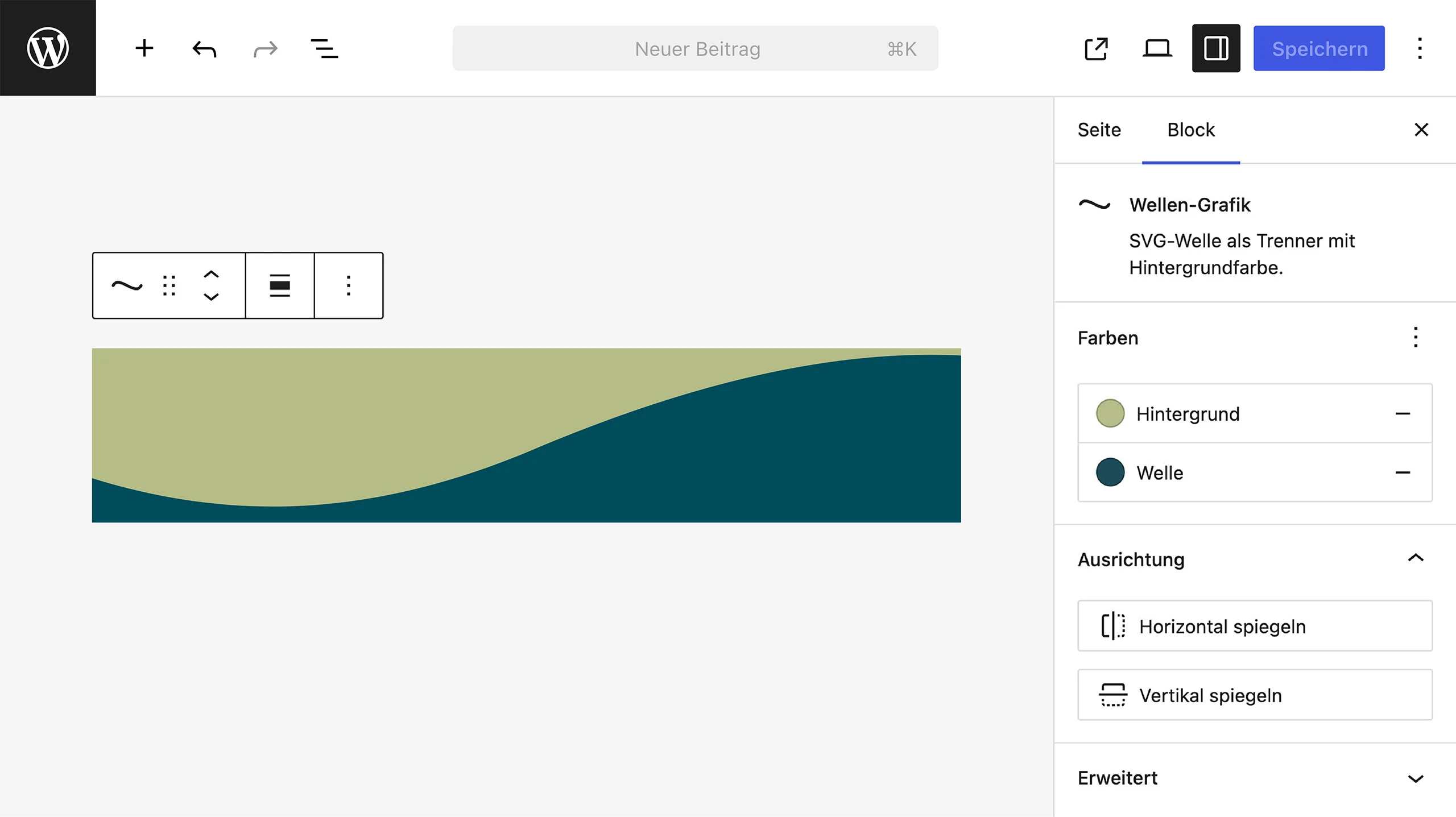 Wellen-Grafik-Block im WordPress-Editor mit separater Auswahl für Wellen- und Hintergrundfarbe sowie horizontaler und vertikaler Spiegelung.