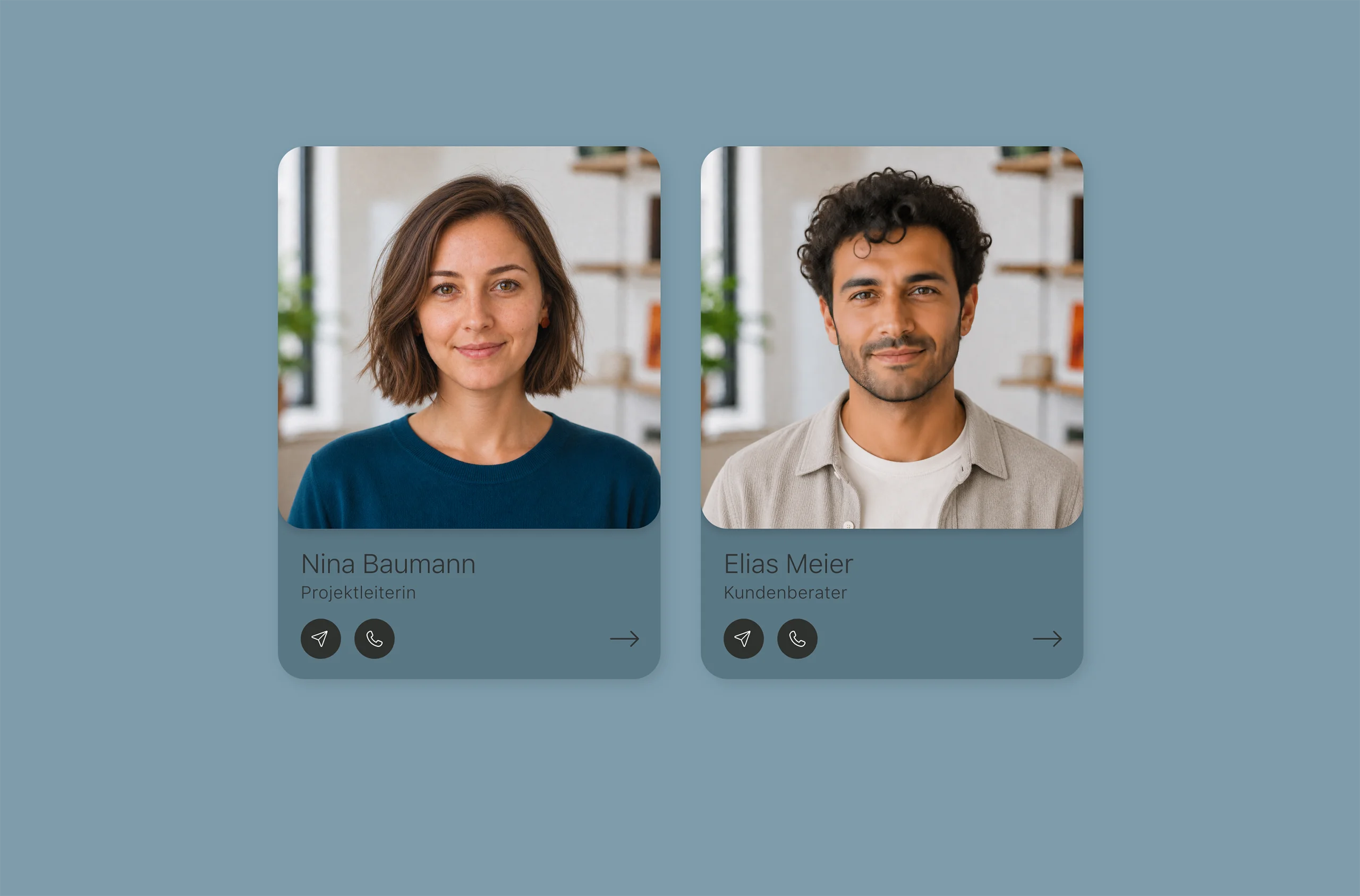 Zwei Teamkarten verbinden Porträts und Funktionen mit runden Symbolschaltflächen für E-Mail und Telefon sowie einem Pfeil zur jeweiligen Profilseite.